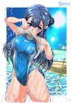  1girl beach blue_eyes blue_hair blue_swimsuit boat border breasts building collarbone competition_swimsuit cowboy_shot hair_between_eyes hair_bun highleg highres hugtto!_precure lifted_by_self looking_at_viewer medium_breasts ocean one-piece_swimsuit outdoors palm_tree precure single_hair_bun smile solo sunlight swimsuit takaishi_fuu tree water_drop watercraft white_border yakushiji_saaya 