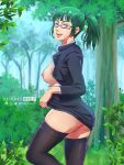  absurdres breasts breasts_out clothes_lift forest glasses green_hair highres jujutsu_kaisen keisukeaero looking_at_viewer nature nipples no_bra no_panties outdoors ponytail pussy pussy_peek skirt skirt_lift socks teasing thighs zen&#039;in_maki 