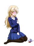  1girl absurdres black_pantyhose blonde_hair blue_eyes blush cup darjeeling_(girls_und_panzer) full_body girls_und_panzer girls_und_panzer_saishuushou highres key_(gaigaigai123) long_hair one_eye_closed pantyhose self_fondle simple_background sitting skirt solo teacup wariza white_background 