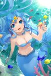  1girl :d air_bubble armlet bangs bare_shoulders blue_eyes blue_hair blue_nails bracelet breasts bubble cleavage collarbone commentary_request dutch_angle earrings fish floating groin hair_between_eyes hair_ornament hand_up highres houshou_hanon jewelry light_rays long_hair looking_at_viewer medium_breasts mermaid mermaid_melody_pichi_pichi_pitch monster_girl navel necklace open_mouth pearl_bracelet shell shell_bikini shell_necklace sidelocks smile solo split_tail star_(symbol) star_earrings star_hair_ornament stomach suama_(pixiv10592745) tail tail_ornament underwater 
