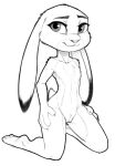  2020 anthro black_and_white disney ears_down female flat_chested front_view full-length_portrait genitals hand_on_leg hand_on_thigh hi_res judy_hopps kneeling lagomorph leporid line_art looking_at_viewer mammal monochrome nude pivoted_ears portrait pussy rabbit smile solo w4g4 zootopia 