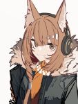  1girl animal_ears arknights bead_necklace beads black_jacket braid brown_eyes brown_hair fur-trimmed_jacket fur_trim hair_between_eyes headphones highres implied_extra_ears jacket jewelry long_hair looking_at_viewer necklace open_clothes open_jacket orange_shirt ratatos_browntail_(arknights) shirt simple_background smile solo squirrel_ears squirrel_girl tetuw upper_body white_background 