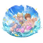  1boy 2girls aqua_eyes arm_up bangs blue_eyes blue_hair brown_hair clenched_teeth closed_eyes facing_viewer flower gran_(granblue_fantasy) granblue_fantasy grey_hair hair_flower hair_ornament innertube lilele_(granblue_fantasy) looking_at_viewer lyria_(granblue_fantasy) multiple_girls official_art one_eye_closed open_mouth outstretched_arm partially_submerged petals short_hair sky smile swimsuit teeth upper_body v water 