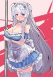  1girl absurdres ahoge apron azur_lane bangs blue_bow blue_dress blush bow breasts cleavage cygnet_(an_offer_to_be_maid)_(azur_lane) cygnet_(azur_lane) detached_sleeves double_bun dress earrings frilled_dress frills garter_straps hair_bow hair_bun hey_taisyou highres holding jewelry large_breasts long_hair looking_at_viewer maid_headdress official_alternate_costume parted_lips pink_eyes simple_background solo thighhighs very_long_hair waist_apron white_apron white_thighhighs wrist_cuffs 