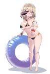  1girl absurdres azur_lane bangs barefoot bikini blue_eyes blush bow breasts closed_mouth commentary_request full_body hair_between_eyes hair_bow hey_taisyou highres innertube jewelry large_breasts light_brown_hair looking_at_viewer ring scrunchie short_hair simple_background solo standing swimsuit wedding_band white_background wrist_scrunchie z23_(azur_lane) 
