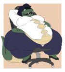  absurd_res anthro belly big_belly big_breasts big_butt breasts butt chair clothed clothing crocodile crocodilian crocodylid digital_media_(artwork) female furniture grandpaced hair hand_on_stomach hi_res huge_butt hyper hyper_butt lounging ms._servani navel obese obese_anthro obese_female office_chair office_clothing office_lady onomatopoeia open_mouth overweight overweight_anthro overweight_female reptile scalie shadowed_eyes simple_background smile solo sound_effects teeth text thick_thighs wardrobe_malfunction wide_hips 