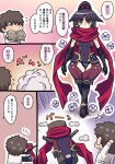  1boy 1girl android bangs black_hair breasts brown_hair chaldea_uniform chibi fate/grand_order fate_(series) fujimaru_ritsuka_(male) highres joints katou_danzou_(fate) large_breasts long_hair manga_(object) parted_bangs pononozo ponytail red_scarf robot_joints scarf short_hair sidelocks speech_bubble substitution_technique translation_request yellow_eyes 