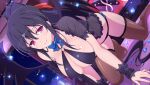  1girl all_fours bikini black_hair black_thighhighs bow bow_panties breasts choker cleavage clothing_cutout collarbone demon_wings detached_sleeves hair_ribbon high_school_dxd highres himejima_akeno indoors large_breasts leaning_forward lingerie long_hair looking_at_viewer night o-ring official_art on_floor panties petals ponytail purple_eyes ribbon senran_kagura senran_kagura_new_link shirt sidelocks smile solo swimsuit thighhighs thighs underwear very_long_hair wings yaegashi_nan 