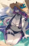  2022 alternate_version_at_source anthro barefoot big_breasts bikini blue_eyes blush breasts clevage clothing dragon feet female hair hi_res huge_breasts kemono lanya_(shian) multicolored_body multicolored_hair navel pink_body pink_hair purple_body purple_hair shian solo swimwear white_body 