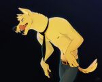  anthro belt black_necktie bottomwear canid canine canis clothed clothing fur gradient_background kour licking licking_lips male mammal navel necktie nipples open_mouth pants partially_clothed pawpads self_lick signature simple_background solo standing teeth tongue tongue_out topless topless_anthro topless_male wolf yellow_body yellow_fur 