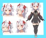  1girl :t absurdres antenna_hair azur_lane bangs bare_shoulders black_dress black_gloves blue_background blush brown_eyes closed_eyes closed_mouth collared_shirt commentary_request dress eating gloves grey_hair grey_shirt hair_between_eyes headgear highres jitome little_prinz_eugen_(azur_lane) long_hair long_sleeves moyoron multicolored_hair multiple_views off-shoulder_dress off_shoulder open_mouth parted_bangs parted_lips puffy_long_sleeves puffy_sleeves red_hair shirt sleeveless sleeveless_shirt standing streaked_hair thighhighs two-tone_background two_side_up v-shaped_eyebrows wavy_mouth white_background 