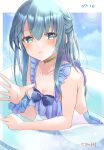  1girl absurdres alice_gear_aegis artist_name beach blue_hair blue_sky blue_swimsuit blush choker cloud cloudy_sky collarbone dated day flat_chest frilled_swimsuit frills green_choker green_hair hair_between_eyes highres innertube kakerayuri looking_at_viewer ocean ochanomizu_mirie outdoors partially_submerged scrunchie signature sky solo sunlight swimsuit two-tone_swimsuit water white_swimsuit 
