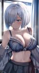  1girl absurdres banned_artist bare_shoulders belko black_bra blue_eyes blush bra breasts cleavage collarbone curtains dress_shirt frilled_bra frills grey_hair hair_ornament hair_over_one_eye hairclip hamakaze_(kancolle) highres kantai_collection large_breasts looking_away navel open_clothes open_shirt pleated_skirt shirt short_hair skirt solo sweatdrop underwear undressing white_shirt window 