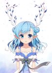  1girl antlers bangs black_ribbon blue_eyes blue_hair blue_ribbon blue_theme chloris_(terras) collarbone commentary_request double_bun dress eyes_visible_through_hair floral_background hair_bun light_blush long_hair looking_at_viewer no_eyewear parted_lips pixiv_fantasia pixiv_fantasia_fallen_kings pointy_ears ribbon solo terras upper_body 