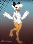  absurd_res anatid anseriform anthro avian beak bird blue_eyes blush bodily_fluids bow_ribbon breasts daisy_duck disney duck eyelashes feathers female genitals hi_res looking_at_viewer makeup non-mammal_breasts nude open_mouth pussy simple_background solo sweat w4g4 