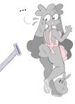  anthro apron apron_only bodily_fluids breasts cleavage clothed clothing dust_bunny female fur grey_body grey_ear grey_fur grey_hair grise_(puppkittyfan1) hair happy hi_res lagomorph leporid long_ears long_hair mammal mostly_nude open_mouth paws pink_apron pink_clothing puppkittyfan1 rabbit smile solo sweat 