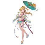  1girl bikini blonde_hair blue_eyes closed_mouth flower granblue_fantasy hair_flower hair_ornament hair_scrunchie holding holding_umbrella looking_at_viewer mirin_(granblue_fantasy) navel official_art scrunchie simple_background smile solo swimsuit sword thigh_strap toeless_footwear transparent_background umbrella weapon 