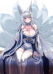  1girl absurdres animal_ear_fluff animal_ears areola_slip azur_lane bangs blue_eyes blush breasts cleavage collar detached_collar detached_sleeves fox_ears fox_girl fox_tail grey_hair hair_ornament hey_taisyou highres huge_breasts japanese_clothes kimono kyuubi large_tail long_hair looking_at_viewer multiple_tails shinano_(azur_lane) simple_background smile solo tail thighhighs very_long_hair white_background white_thighhighs wide_sleeves 