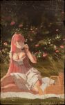  1girl artist_name breasts bustier choker cleavage cross-laced_clothes cup drinking english_commentary fire_emblem fire_emblem:_three_houses fire_emblem_heroes flower frills grass hilda_valentine_goneril large_breasts looking_at_viewer picnic picnic_basket pillow pink_eyes pink_hair ponytail princeofduma sitting sitting_on_pillow solo teacup 