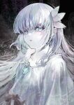  1girl absurdres black_background blue_eyes bow dress dress_bow ender_lilies_quietus_of_the_knights flower gem hair_flower hair_ornament highres ke-shin8 lily_(ender_lilies) long_hair looking_at_viewer pale_skin solo upper_body white_dress white_hair 