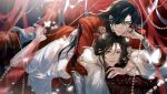  2boys absurdres bishounen black_hair blurry bug butterfly chain chinese_clothes depth_of_field earrings eyepatch glowing_butterfly hair_down hair_ornament highres hua_cheng jewelry long_hair long_sleeves looking_at_viewer lying male_focus multiple_boys shiyangtacit tian_guan_ci_fu very_long_hair white_butterfly wide_sleeves xie_lian yaoi 
