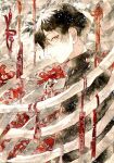  1boy bangs black_hair cage flower from_side gakuran light_particles long_sleeves looking_at_viewer male_focus original painting_(medium) potato_(popopopopo623) profile red_flower red_theme rope school_uniform short_hair sideways_glance skeleton solo spider_lily talisman tassel traditional_media upper_body watercolor_(medium) yellow_eyes 