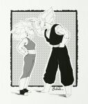  1boy 1girl age_difference artist_request bare_shoulders boots breasts crop_top dougi dragon_ball dragon_ball_super earrings eye_contact full_body gloves greyscale height_difference highres jewelry kefla_(dragon_ball) looking_at_another monochrome muscular muscular_female potara_earrings sash simple_background spiked_hair standing super_saiyan vegetto xdaze 