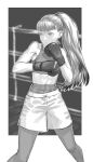  1girl abs black_hair boxing boxing_gloves boxing_ring boxing_shorts commentary_request fighting_stance gloves greyscale highres long_hair monochrome original ponytail rggr shorts sketch solo sportswear standing 