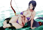  1girl bangs bikini bow_(weapon) breasts curvy fate/grand_order fate_(series) huge_breasts long_hair looking_at_viewer low-tied_long_hair minamoto_no_raikou_(fate) parted_bangs purple_bikini purple_eyes purple_hair smile solo swimsuit very_long_hair weapon yukiyanagi 