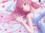 1girl absurdres bare_shoulders blue_eyes breasts cleavage collarbone crying crying_with_eyes_open dress hand_on_own_stomach highres inu8neko just_be_friends_(vocaloid) long_hair looking_to_the_side lying medium_breasts megurine_luka on_back on_floor paper_airplane petals pink_hair pink_lips sleeveless sleeveless_dress solo string string_of_fate tears tile_floor tiles vocaloid white_dress 