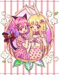  2girls :3 :d animal_ears bangs bell blonde_hair blush bow cat_ears cat_tail choker crop_top dress flower food-themed_hair_ornament food_print gloves gradient_hair hair_bow hair_intakes hair_ornament hairclip hand_up highres leaf long_hair looking_at_viewer midriff momomiya_ichigo multicolored_hair multiple_girls one_eye_closed open_mouth pink_eyes pink_hair purple_hair q_yan31 rabbit_ears shirayuki_berry short_hair short_sleeves skirt smile strawberry_hair_ornament strawberry_print tail tail_bell tail_bow tail_ornament tokyo_mew_mew tokyo_mew_mew_a_la_mode two-tone_hair v 