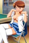  1girl bangs blue_skirt blush breasts brown_eyes brown_hair collared_shirt crossed_legs dark-skinned_female dark_skin feet_out_of_frame large_breasts miniskirt nipples no_bra non-web_source official_art on_chair open_clothes open_mouth open_shirt photoshop_(medium) pleated_skirt shirt short_hair short_sleeves sitting skirt solo striped striped_skirt super_real_mahjong tanaka_ryou thighhighs toono_mizuki undressing white_shirt white_thighhighs 
