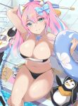  1girl arm_up armpits bare_arms bare_shoulders bikini bird black_bikini blue_eyes bow breasts chunithm cleavage crossed_legs grin hair_bow highres innertube large_breasts long_hair looking_at_viewer multicolored_hair mushpz navel penguin pink_hair poolside selene_cheryl_(chunithm) side-tie_bikini sitting skindentation smile solo stomach strapless strapless_bikini streaked_hair string_bikini swimsuit thighs twintails two-tone_hair water wet 