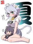  2girls :3 :p absurdres ahoge animal_ear_fluff animal_ears bangs barefoot black_hair black_hoodie breasts cat_ears cat_girl cat_tail chibi clothes_writing collar commentary_request dolphin_shorts ear_piercing feet food full_body green_eyes grey_hair hair_between_eyes heart high-waist_shorts highres hood hoodie looking_at_viewer medium_breasts mole mole_under_eye mole_under_mouth mouth_hold multiple_girls ngetyan original outline piercing popsicle renge_(ngetyan) ringe_(ngetyan) shirt_tucked_in shochuumimai short_hair short_sleeves shorts simple_background sitting spoken_heart tail tongue tongue_out translation_request wariza white_background white_hoodie white_outline 