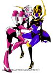  2girls alien arcee ass black_lips black_panties blackarachnia blue_eyes boots colored_skin curvy high_heels highres multiple_girls panties pink_lips pink_panties purple_skin red_eyes robot transformers transformers_animated underwear 