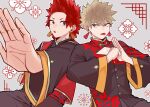  2boys :o absurdres bakugou_katsuki blonde_hair boku_no_hero_academia chinese_clothes cleavage_cutout clenched_hand clothing_cutout earrings fighting_stance floral_background foreshortening grey_background hane11254 highres jewelry kirishima_eijirou male_focus multiple_boys outline red_eyes red_hair spiked_hair tassel tassel_earrings tongue tongue_out white_outline 