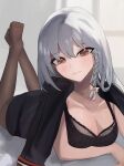  1girl absurdres arm_under_breasts black_bra blush bra braid breasts eyes_visible_through_hair highres jacket jacket_on_shoulders legs_up light_blush looking_at_viewer lying on_stomach riel_(ataraxia2334) solo underwear white_hair 