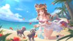  1girl :d absurdres ahoge animal animal_ears anklet arknights bangs bare_shoulders barefoot bikini blue_sky breasts brown_hair collarbone day eyjafjalla_(arknights) eyjafjalla_(summer_flowers)_(arknights) flower full_body head_wreath highres holding holding_flower horns humiaojun infection_monitor_(arknights) jewelry kneeling light_rays long_hair necklace ocean off-shoulder_bikini off_shoulder official_alternate_costume open_mouth outdoors palm_tree petals pink_bikini pink_flower plaid plaid_bikini red_eyes seashell sheep_ears sheep_girl sheep_horns shell shell_necklace sky smile solo strapless strapless_bikini sunbeam sunlight swimsuit swimsuit_cover-up tree water yellow_flower 