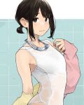  1girl black_hair blush breasts douki-chan_(douki-chan) ganbare_douki-chan goggles goggles_around_neck highres looking_at_viewer official_art one-piece_swimsuit short_ponytail sidelocks small_breasts solo swimsuit upper_body wet wet_clothes wet_swimsuit white_swimsuit yomu_(sgt_epper) 