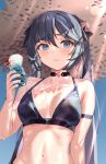  1girl arm_strap bikini black_bikini black_choker black_hair blue_eyes blue_sky blush breasts cherry choker cup food fruit genshin_impact hat highres holding holding_cup ice_cream ice_cream_float long_hair medium_breasts mona_(genshin_impact) navel sky solo stomach straw_hat swimsuit temir twintails upper_body wet 