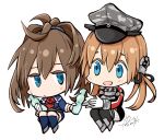  2girls anchor_hair_ornament ascot belt black_thighhighs blonde_hair blue_eyes blue_socks bottle brown_belt brown_hair camouflage chibi flower gloves hair_ornament hat holding holding_bottle kantai_collection long_hair low_twintails messy_hair military military_hat military_uniform miniskirt multiple_girls neck_flower peaked_cap pleated_skirt prinz_eugen_(kancolle) prinz_eugen_kai_(kancolle) ramune red_ascot red_flower red_rose rose sheffield_(kancolle) skirt socks thighhighs twintails uniform white_gloves white_skirt yamada_rei_(rou) 