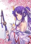  1girl alternate_hairstyle bandages bangs bare_shoulders bird breasts cherry_blossoms chest_sarashi cleavage commentary genshin_impact highres holding holding_sword holding_weapon japanese_clothes katana kimono long_hair long_sleeves looking_at_viewer medium_breasts nairobi_song off_shoulder petals ponytail purple_eyes purple_hair purple_kimono raiden_shogun sarashi shoulder_tattoo sidelocks solo sword tattoo very_long_hair weapon wide_sleeves 