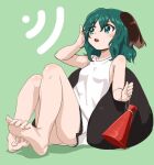  1girl alternate_costume ameyu_(rapon) animal_ears ass bare_shoulders barefoot blush dress full_body green_background green_eyes green_hair kasodani_kyouko looking_to_the_side megaphone redrawn short_dress short_hair simple_background sitting sleeveless solo touhou 