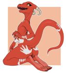  2020 anthro bodypaint butt claws female flat_chested full-length_portrait hand_print hand_print_on_butt hi_res horn kneeling kobold looking_back nude open_mouth portrait rear_view red_body red_scales scales scalie sharp_teeth solo teeth w4g4 yellow_eyes 