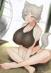  1girl :d absurdres animal_ears artist_name bangs bare_shoulders barefoot black_panties breasts cleavage closed_eyes electric_fan full_body highres indoors inubashiri_momiji large_breasts on_floor open_mouth panties short_hair sitting smile solo tail take_(take143000) toes touhou underwear wolf_ears wolf_girl wolf_tail wooden_floor 