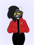  bodysuit choker clothing demon ear_piercing eyebrows female hands_in_both_pockets horn humanoid jewelry necklace parted_hair piercing puffer_jacket raised_eyebrow skel skinsuit smile solo thick_thighs tight_clothing unzipped_jacket yellow_eyes 
