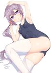  1girl akebono_(kancolle) arm_up armpits bell breasts flower hair_bell hair_flower hair_ornament highres kantai_collection long_hair purple_eyes purple_hair school_swimsuit side_ponytail simple_background skindentation small_breasts solo swimsuit thighhighs very_long_hair white_thighhighs yuuzaki 
