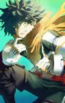  1boy belt boku_no_hero_academia brown_scarf costume freckles ghdwid gloves green_background green_eyes green_gloves green_hair hair_between_eyes highres male_focus messy_hair midoriya_izuku multicolored_clothes multicolored_gloves red_belt scarf smile solo teeth thumbs_up torn torn_clothes torn_scarf two-tone_gloves white_gloves 