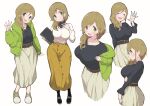  arm_under_breasts bangs belt black_shirt blush breast_hold breasts brown_hair closed_eyes coat collarbone contrapposto curvy fang green_coat green_eyes hair_over_shoulder hand_on_own_chest head_tilt highres inuyama_aoi large_breasts long_hair long_skirt long_sleeves looking_at_viewer multiple_views profile shirt shirt_tucked_in shoes sidelocks skin_fang skirt smile sneakers sweater swept_bangs tareme taut_clothes taut_shirt thick_eyebrows v-neck waving wide_hips yabai_gorilla yurucamp 