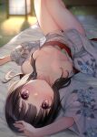  1girl absurdres arm_up blurry blush breasts breasts_out brown_eyes brown_hair collarbone depth_of_field floral_print futon highres japanese_clothes kanro_ame_(ameko) kimono lantern long_hair lying naked_kimono nipples off_shoulder on_back on_bed open_clothes original sash small_breasts smile solo tatami yukata 